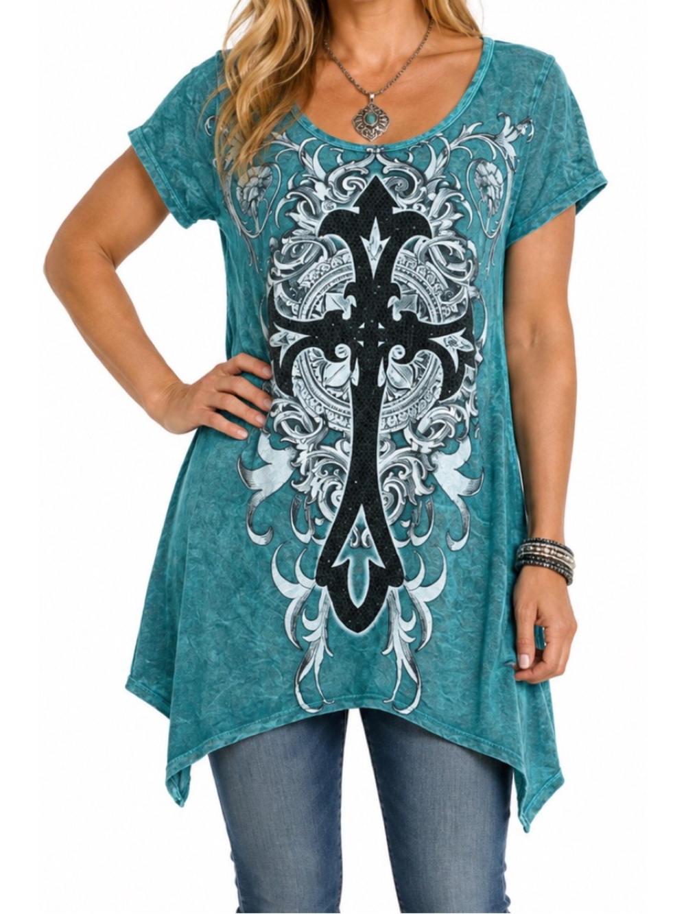 Vocal brand women's crystal-embellished green & Black cross tunic, size Small